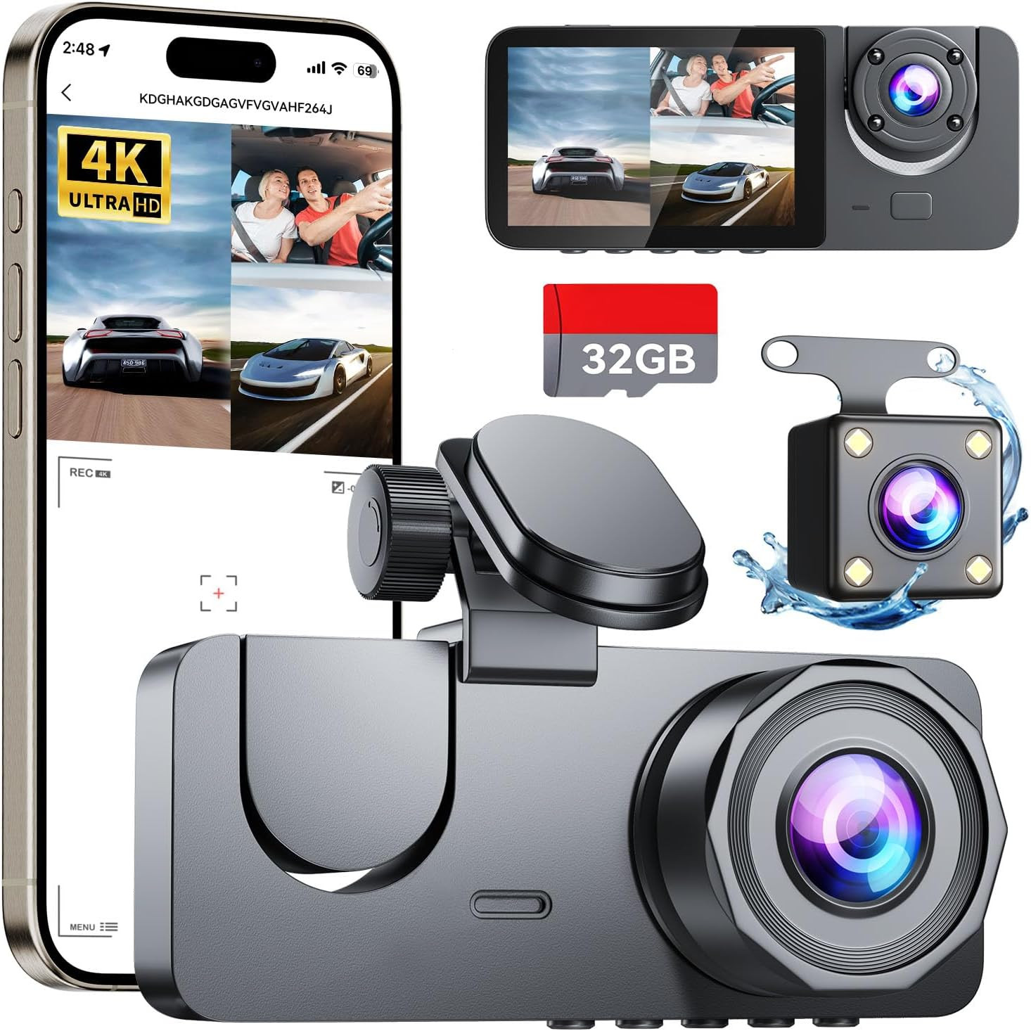 Dash Cam Front and Rear Inside,4K Full HD 3 Channel Dash Camera for Cars, Free 32GB Card, Dashcam with Night Vision, G-Sensor, 24H Parking Mode, 170°Wide Angle, Loop Recording